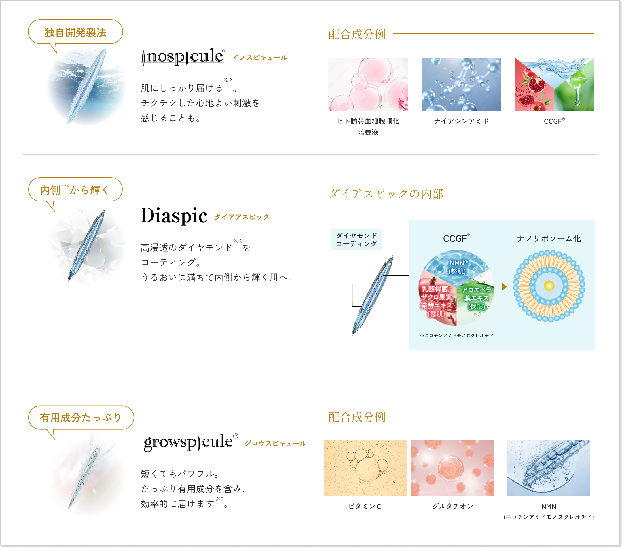 独自開発製法、イノスピキュール。肌にしっかり届ける。チクテクした心地よい刺激を感じることも。配合成分例：ヒト臍帶血細胞順化培養液、ナイアシンアミド、CCGF。内側から輝く、ダイアアスピック：高浸透のダイヤモンドをコーティング。潤いに満ちた内側から、輝く肌へ。ダイアアスピックの内部：ダイヤモンド（注釈：ニコチンアミドモノヌクレオチド）コーディング。CCGF（NMN（整肌）、）乳酸桿菌、ザクロ果実発酵エキス（整肌）、アロエベラ葉エキス（保湿）をナノリポソーム化。有効成分たっぷり、グロウスピキュール。短くてもパワフル。たっぷり有用成分を含んでさらに効率的に届ける。配合成分例：ビタミンC、グルタチオン、NMN。