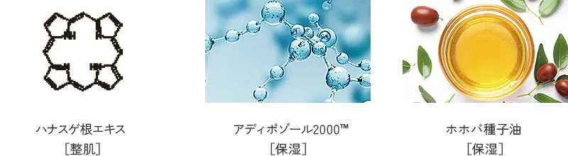 ハナスゲ根エキス［整肌］、アディポゾール2000™複合ペプチド※［保湿］、ホホバ種子油［保湿］
