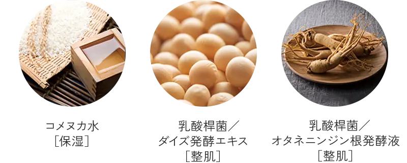 コメヌカ水[保湿] 乳酸桿菌／ダイズ発酵エキス[整肌] 乳酸桿菌／オタネニンジン根発酵液[整肌] 